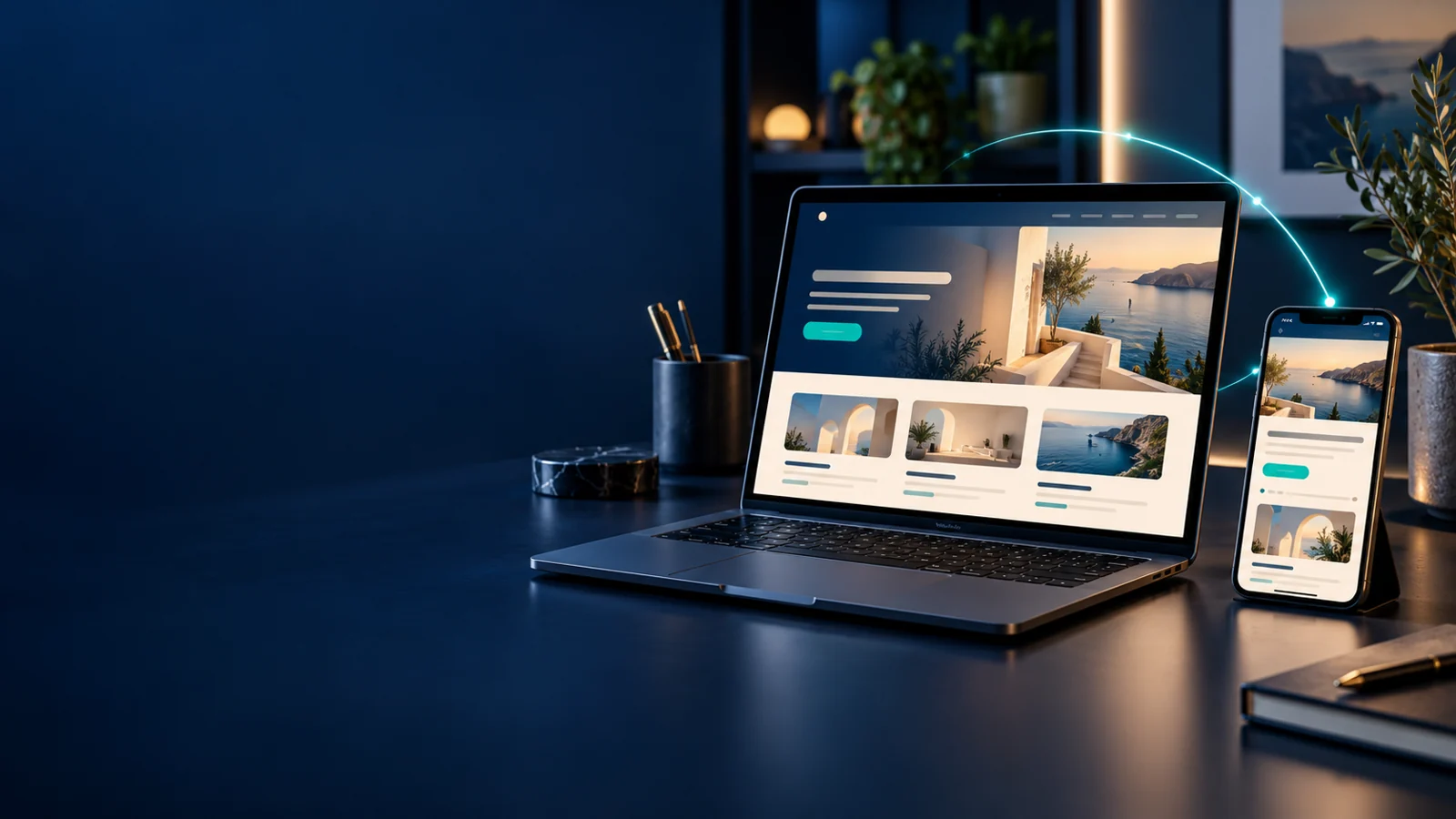 Composição ilustrativa de um site no computador e telemóvel